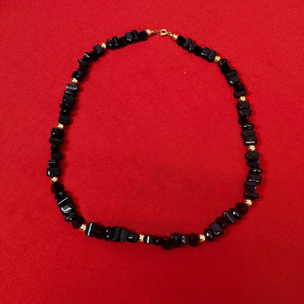 Black Acrylic Beaded Shapes Goldtone Spacers Classic Necklace
